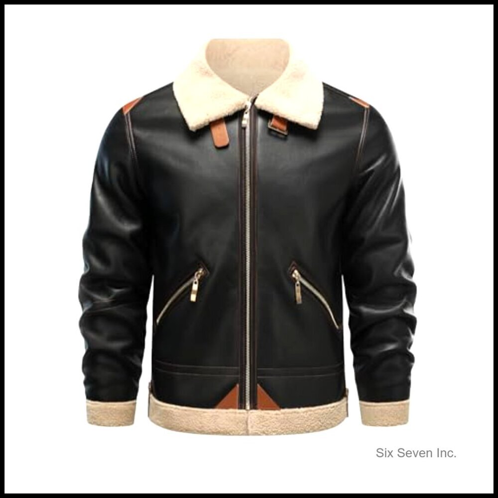 Men's Faux Leather Bomber Jacket with Faux Fleece Lining - Picture 2 of 3